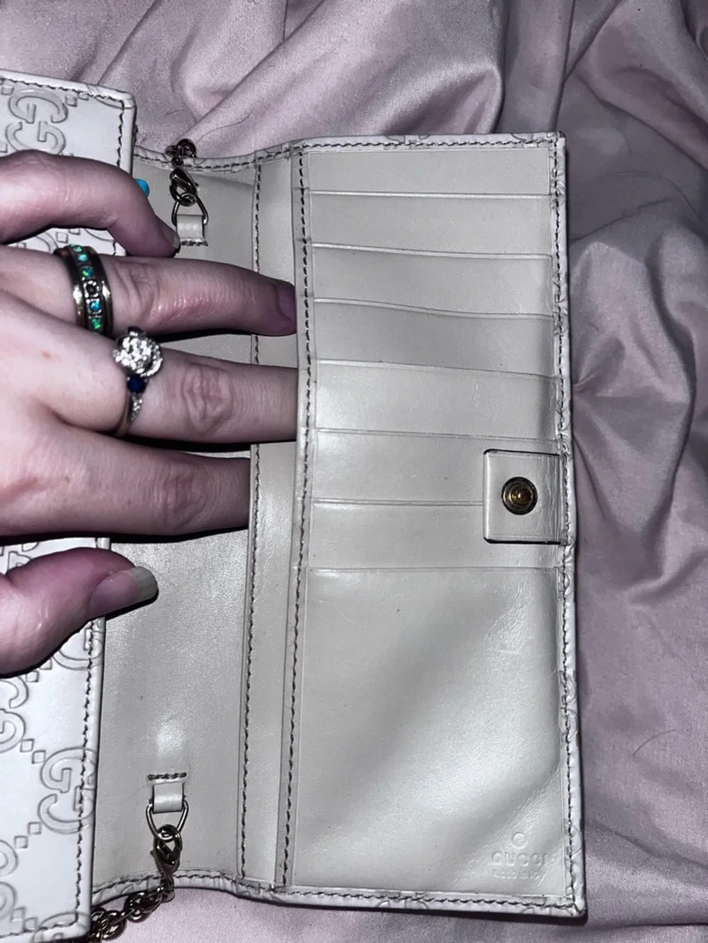 Gucci Authentic Leather Embossed GG Chain Wallet/ Pouchette